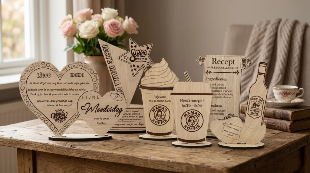 Sfeervolle verzameling van zeven houten cadeaubordjes voor moeders en Moederdag, opgesteld op een houten tafel.