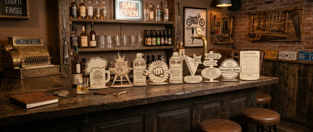 Een sfeervolle foto van een vintage mancave-bar met een rij gepersonaliseerde lasergesneden houten borden en stands op de toog, een antieke kassa, een 'BAR OPEN' neon sign, een motorposter en een muur met gereedschap en nummerplaten.