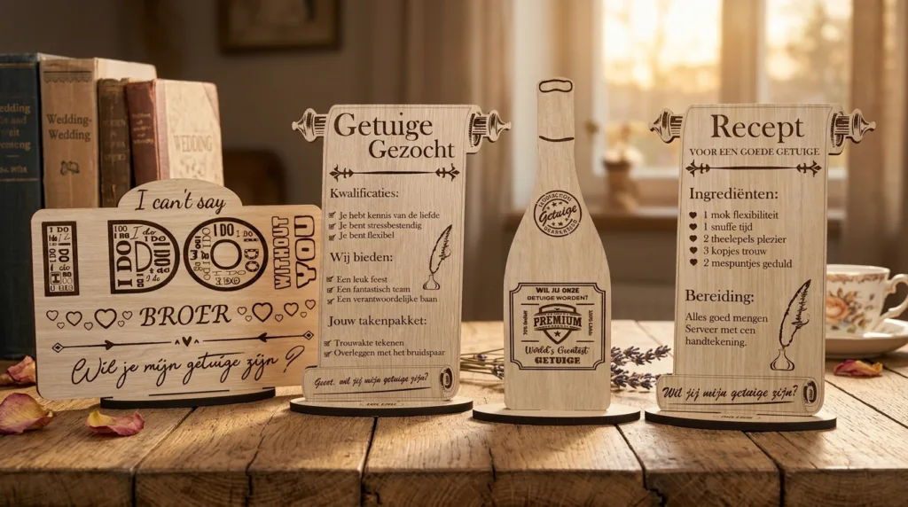 Sfeerafbeelding van vier gegraveerde houten bordjes op een rij op een rustieke houten tafel, voor het origineel vragen van een getuige voor een bruiloft.